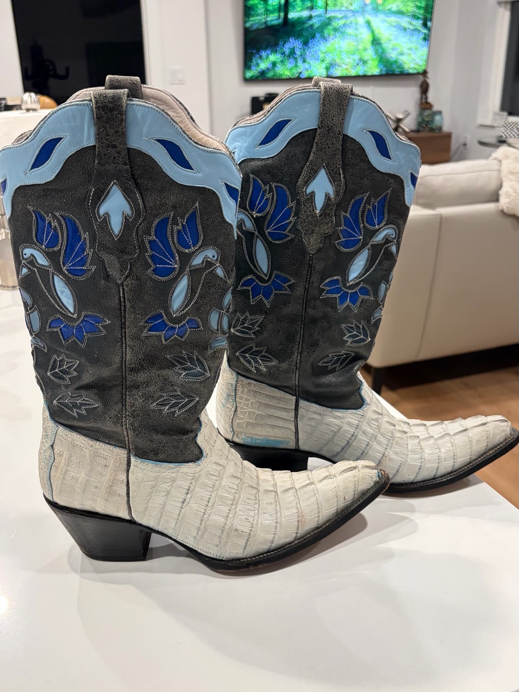 White Croc-Finish & Gray Suede Western Boots With Blue Floral Inlay